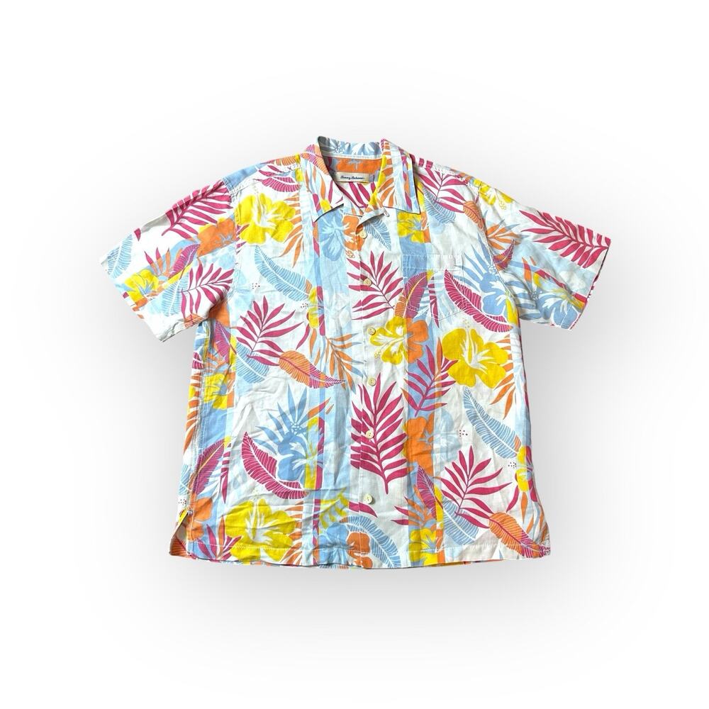 Tommy Bahama Silk Linen Pocket Shirt Large Beige Floral Tropical Hawaiian Aloha